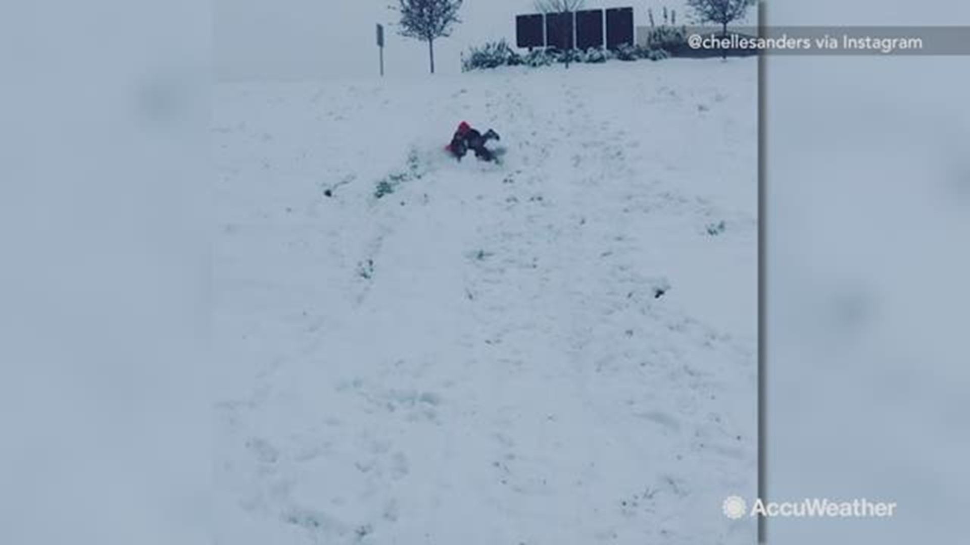 Watch as a mom and her child tumble down a freshly snowed hill in St. Louis, Missouri.