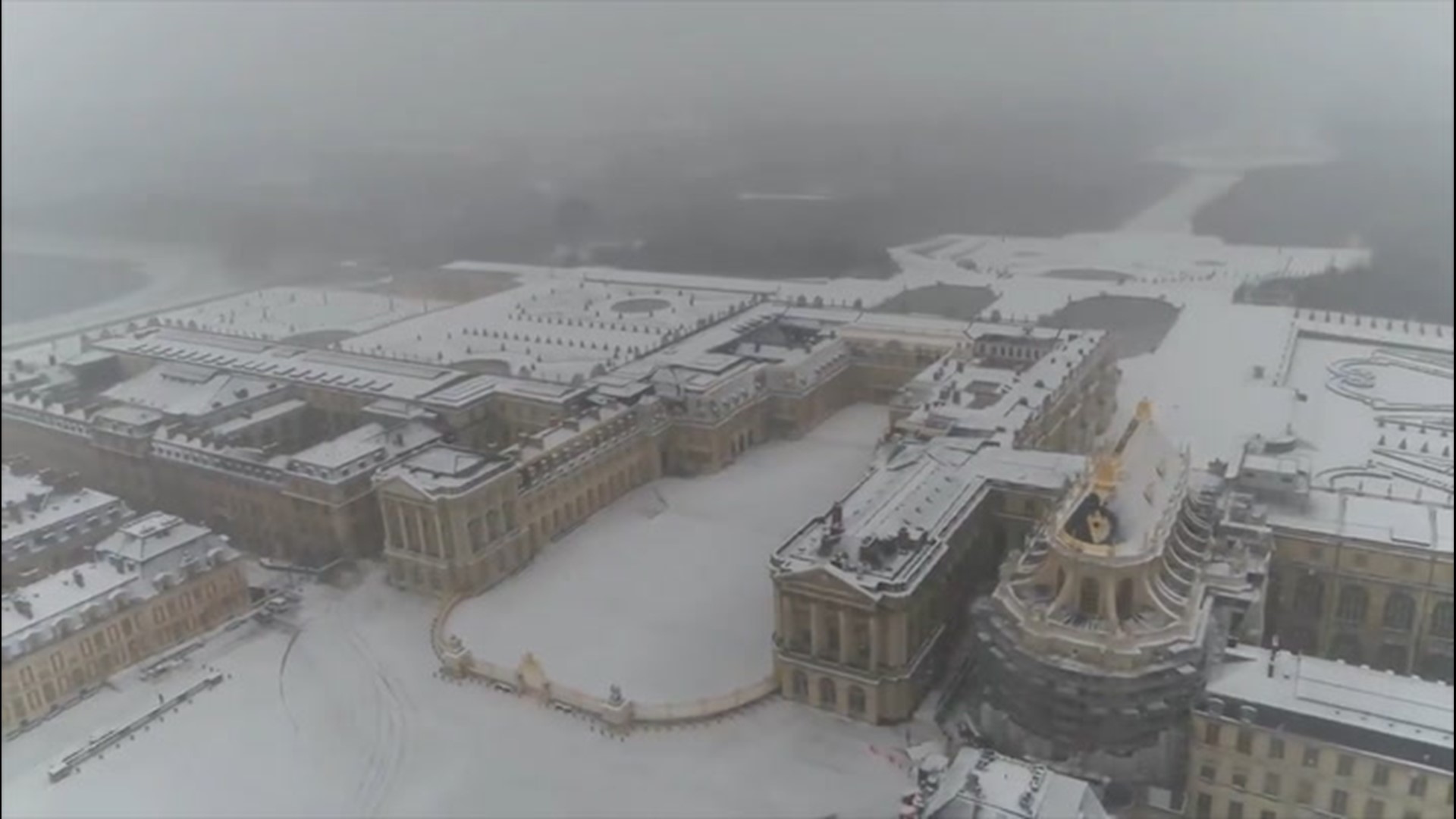 Aerial footage showed the first snow of the year blanketing the Palace of Versailles in Versailles, France, on Jan. 16.