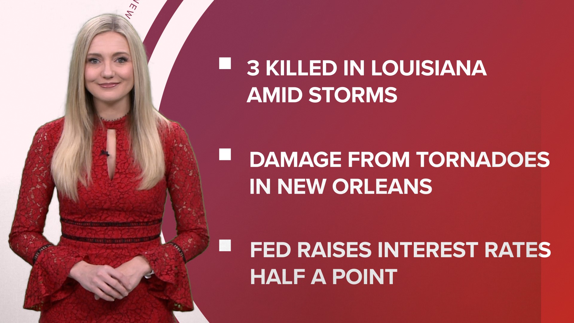 A look at what is happening in the news from a damage from a deadly storm and tornadoes in Louisiana to federal interest rate hike and staying out of holiday debt.