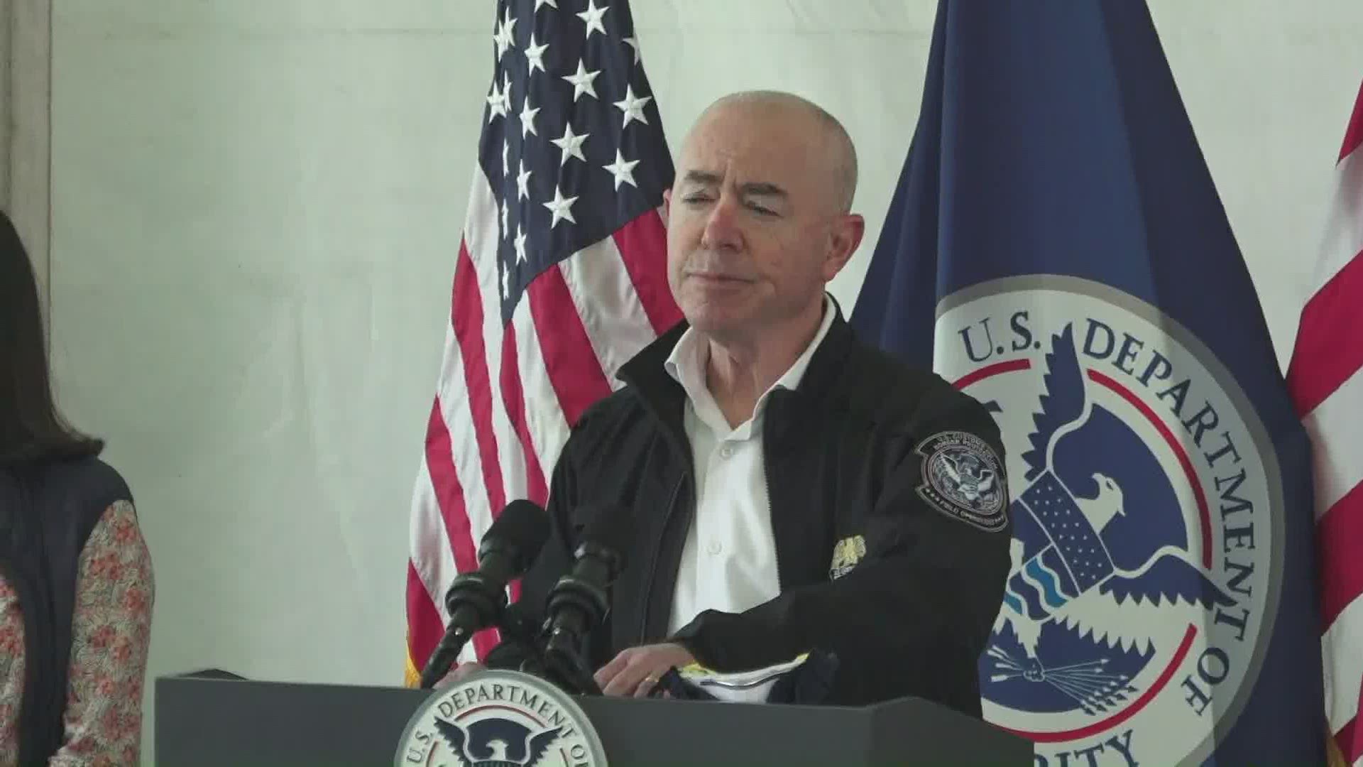 Department of Homeland Security Secretary Alejandro Mayorkas toured a migrant processing facility in Donna, Texas, on Friday.