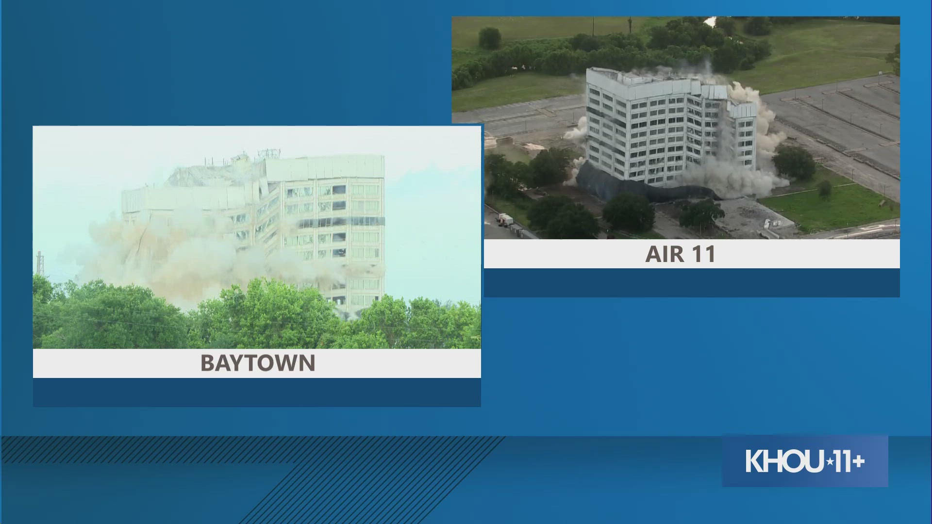 The building came crashing down at around 6:30 a.m. Saturday in Baytown. This is video from the ground and from Air 11.