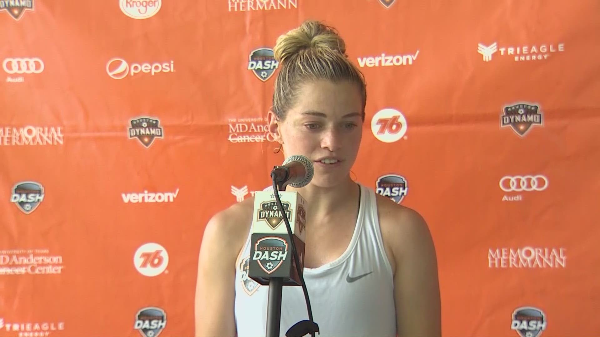 Houston Dash captain Kealia Ohai speaks to reporters Tuesday following her engagement to Texan's star J.J. Watt!