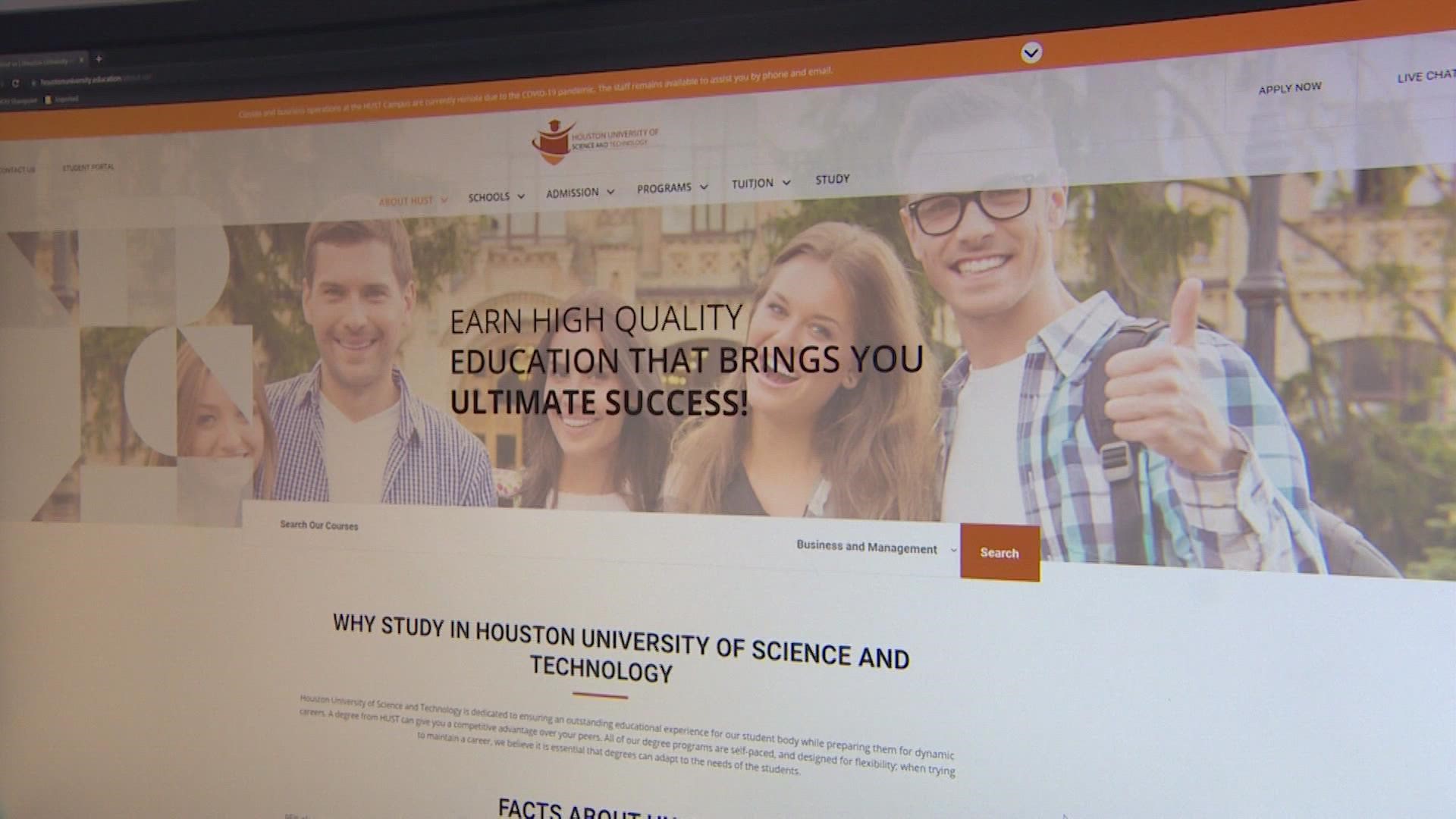 The online university website had a similar-sounding name to the University of Houston, but it's no longer up at all after a report by KHOU 11 Investigates.