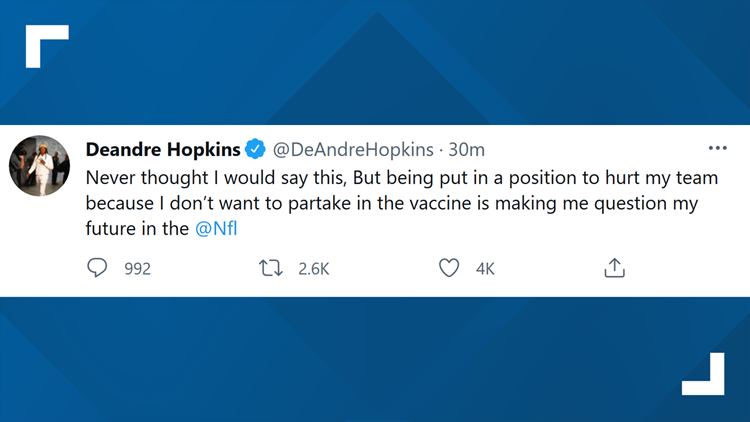 In since-deleted tweet, DeAndre Hopkins questions NFL future due to COVID-19 vaccine concerns