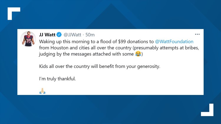 JJ Watt says his charity was flooded with $99 donations after his release from the Texans