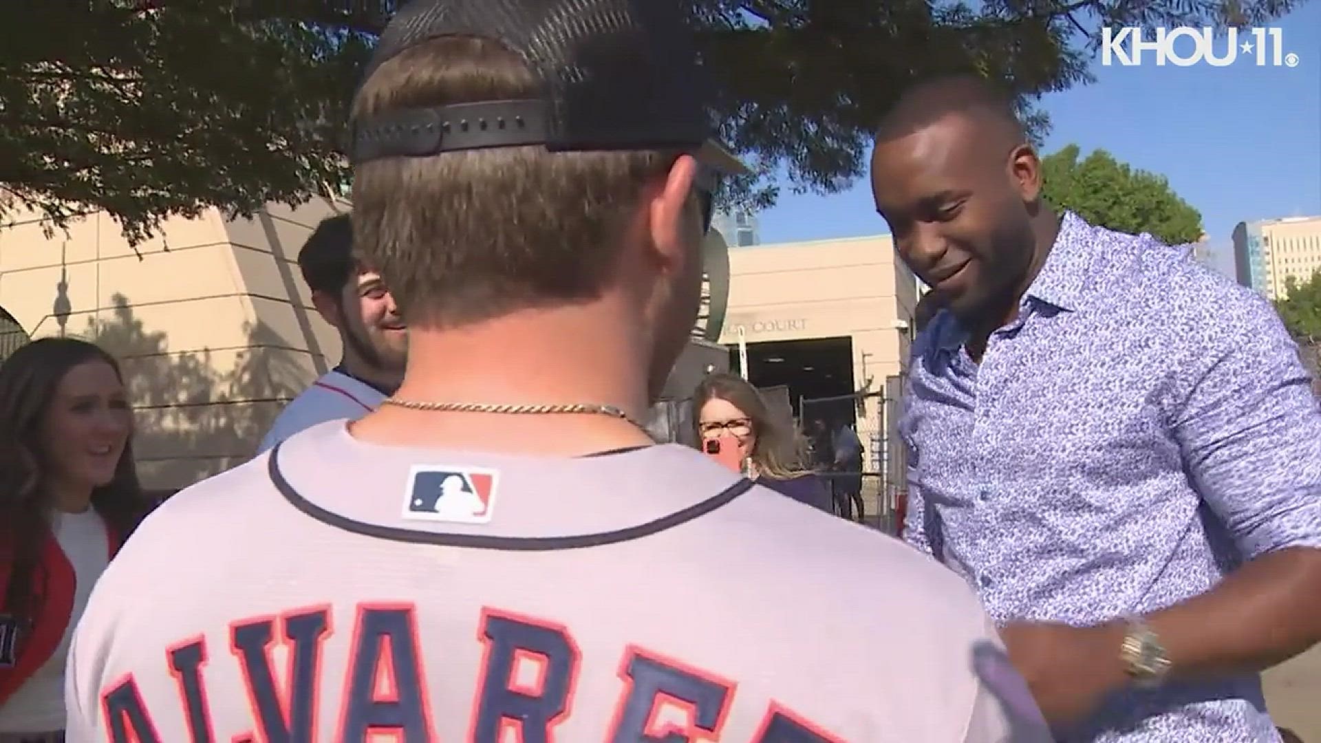 Astros star slugger Yordan Alvarez signed the game-winning home run ball Thursday morning. A fan caught the historic ball during Game 1 of the ALDS.