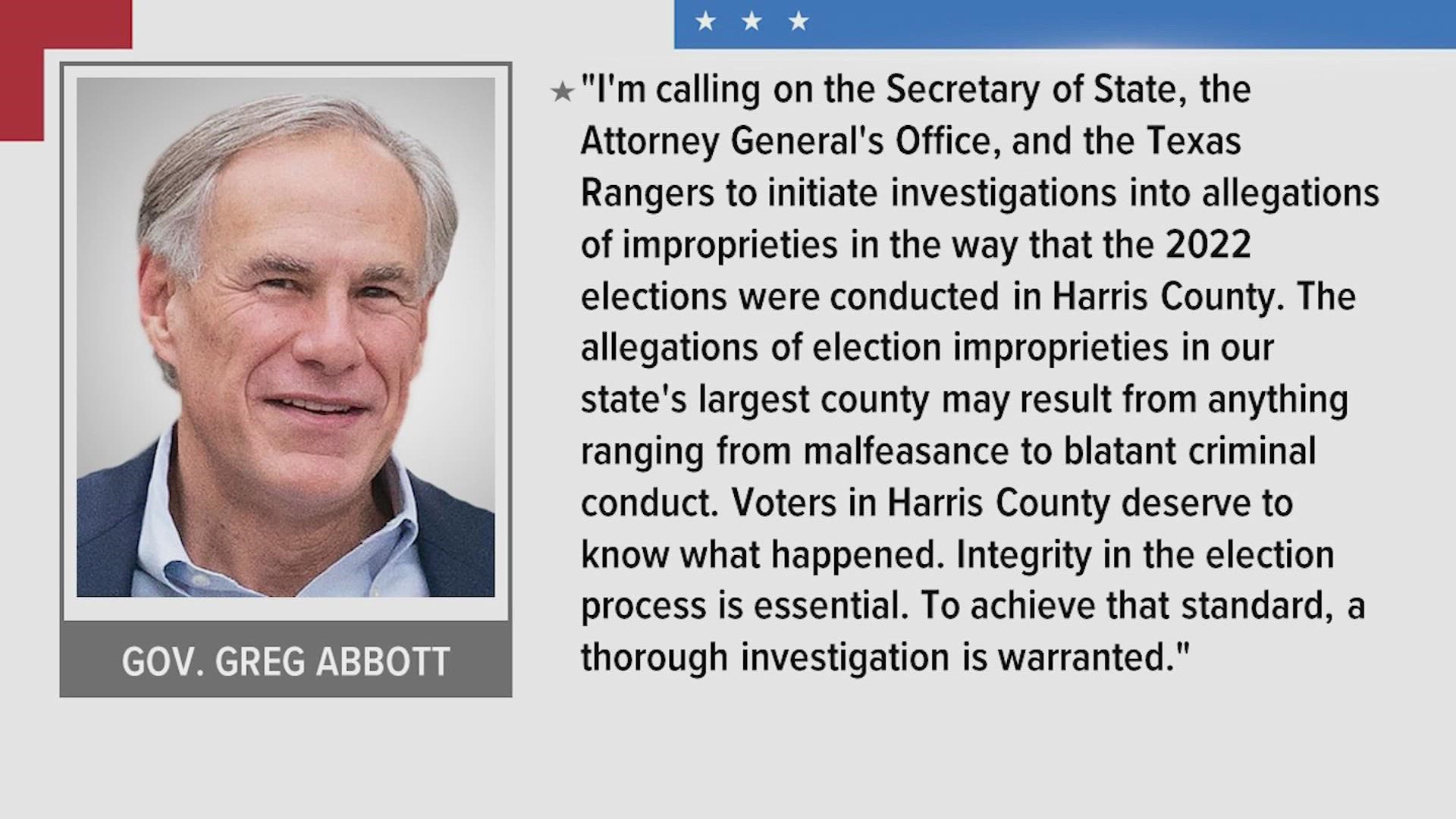 Abbott's office said voters in Harris County were frustrated by confusion and delays including missing keys and insufficient paper ballots in Republican precincts.
