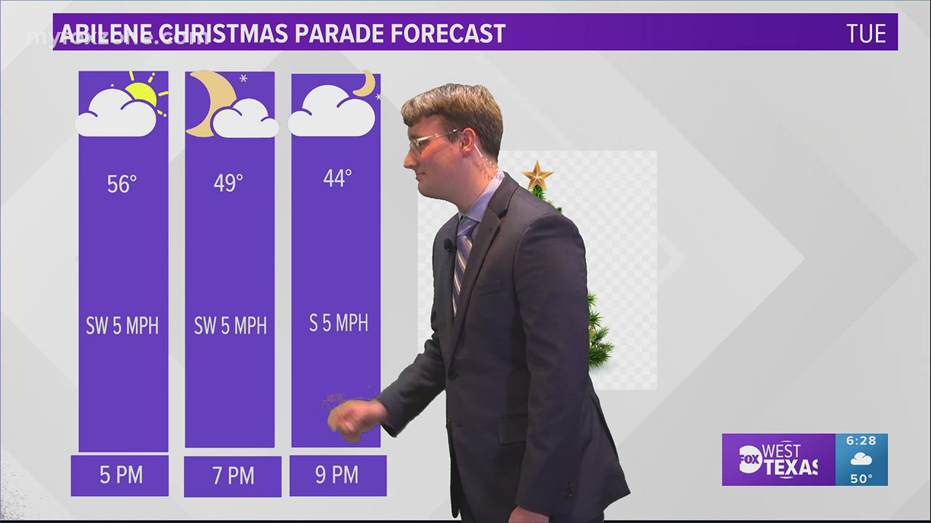 Meteorologist Britton Musall gives the forecast for the Abilene Christmas parade.