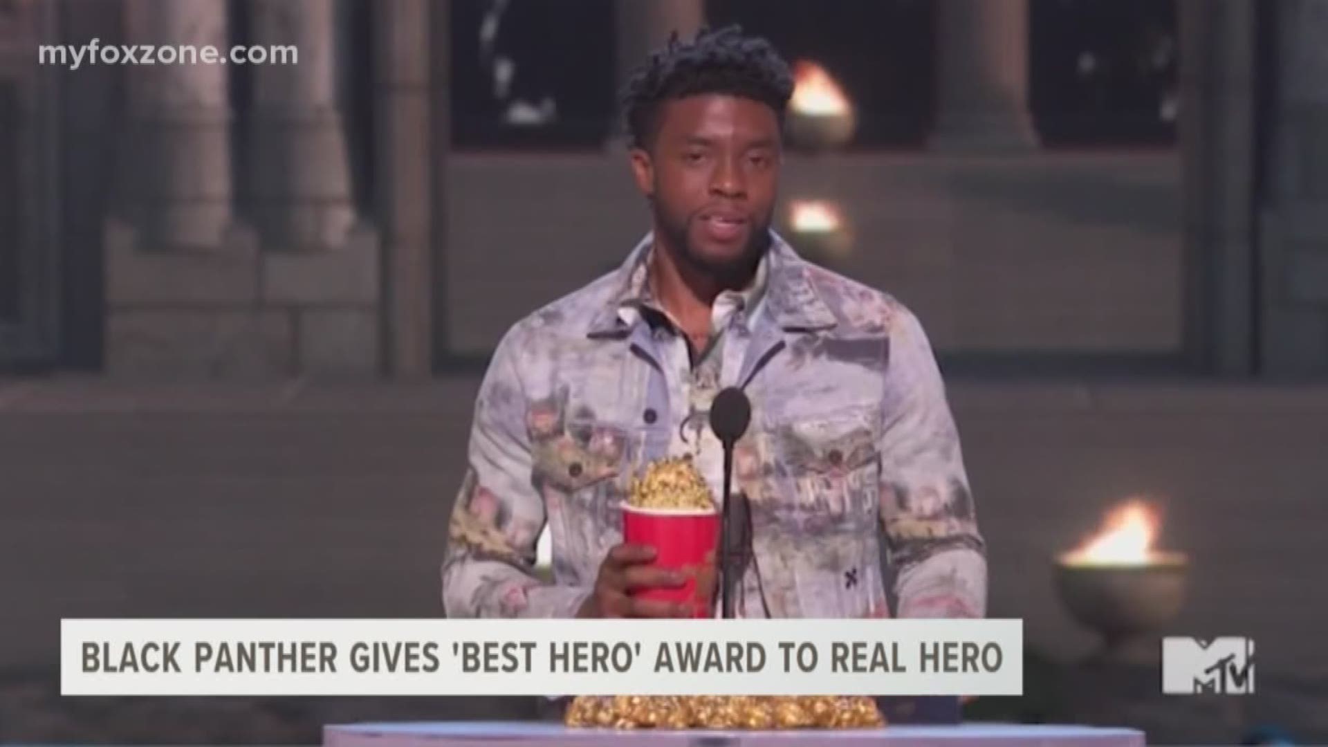 Our Malik Mingo shares details on how Black Panther star, Chadwick Boseman honored a real hero during his "Best Hero" award speech at the 2018 MTV Movie and TV Awards.