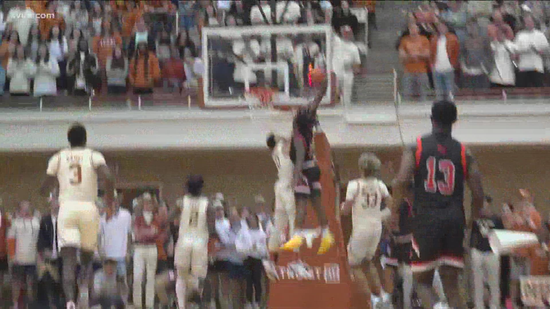 The Longhorns topped Sam Houston State, 73-57, in the men’s basketball team’s first game in Gregory Gym since 1977.