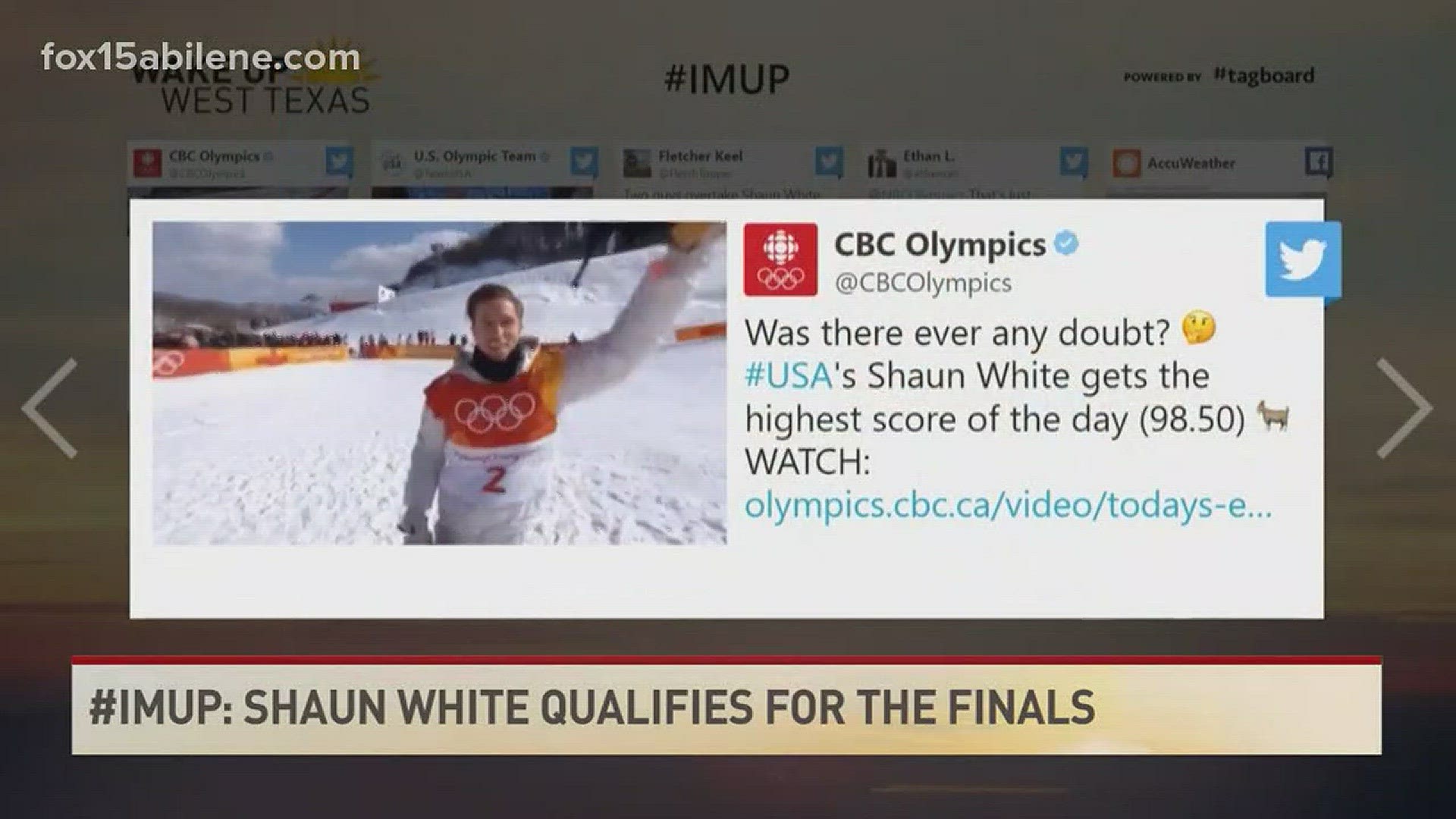 Shaun White receives a 98.5 which qualifies him for the finals of the Winter Olympics