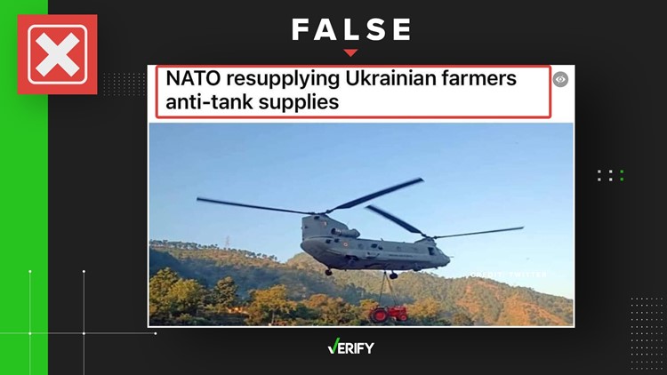 No, a viral image does not show a NATO helicopter delivering tractors to Ukrainian farmers