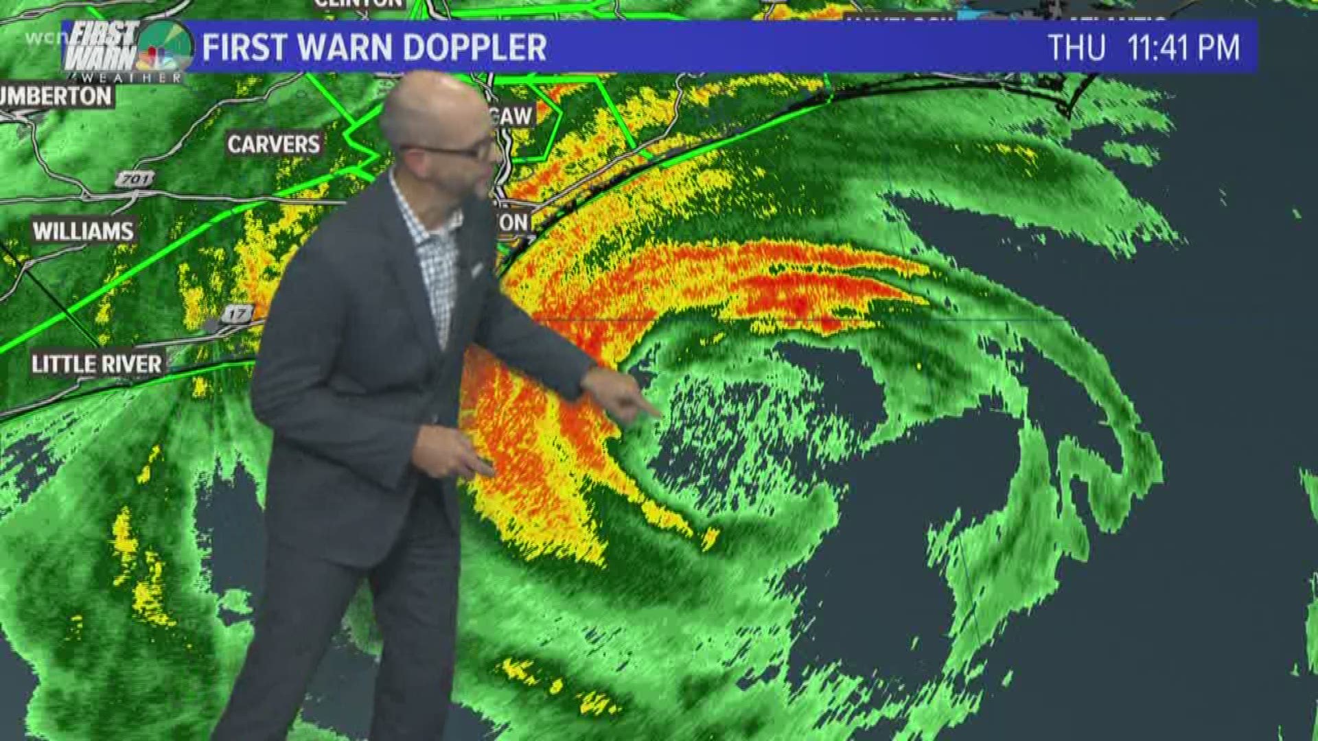 At 11 p.m., Dorian was at a Category 2 hurricane with sustained winds of 100 mph as it spun about 35 miles southeast of Wilmington, North Carolina.