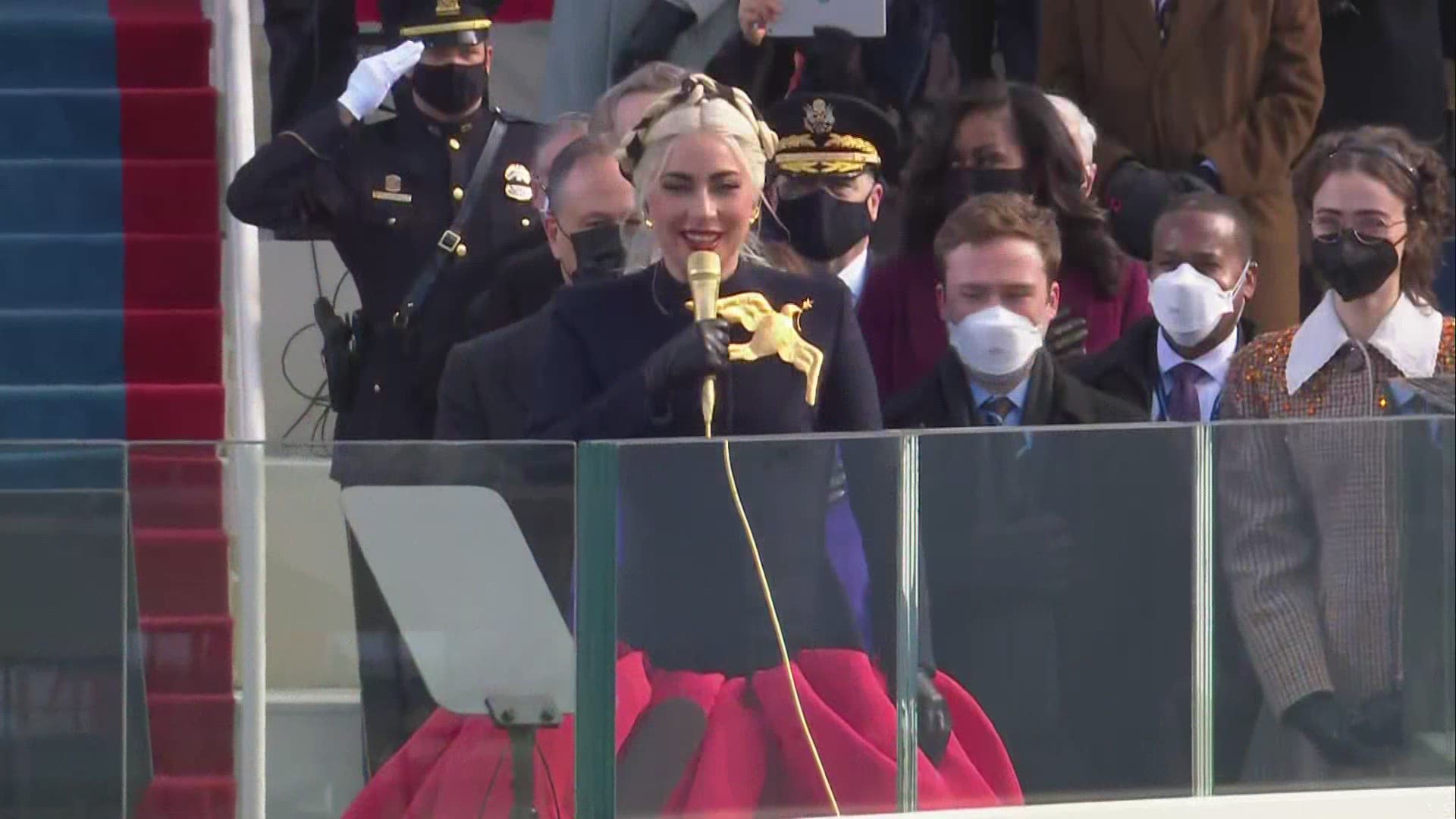 Lady Gaga sings the national anthem at Joe Biden's inauguration.