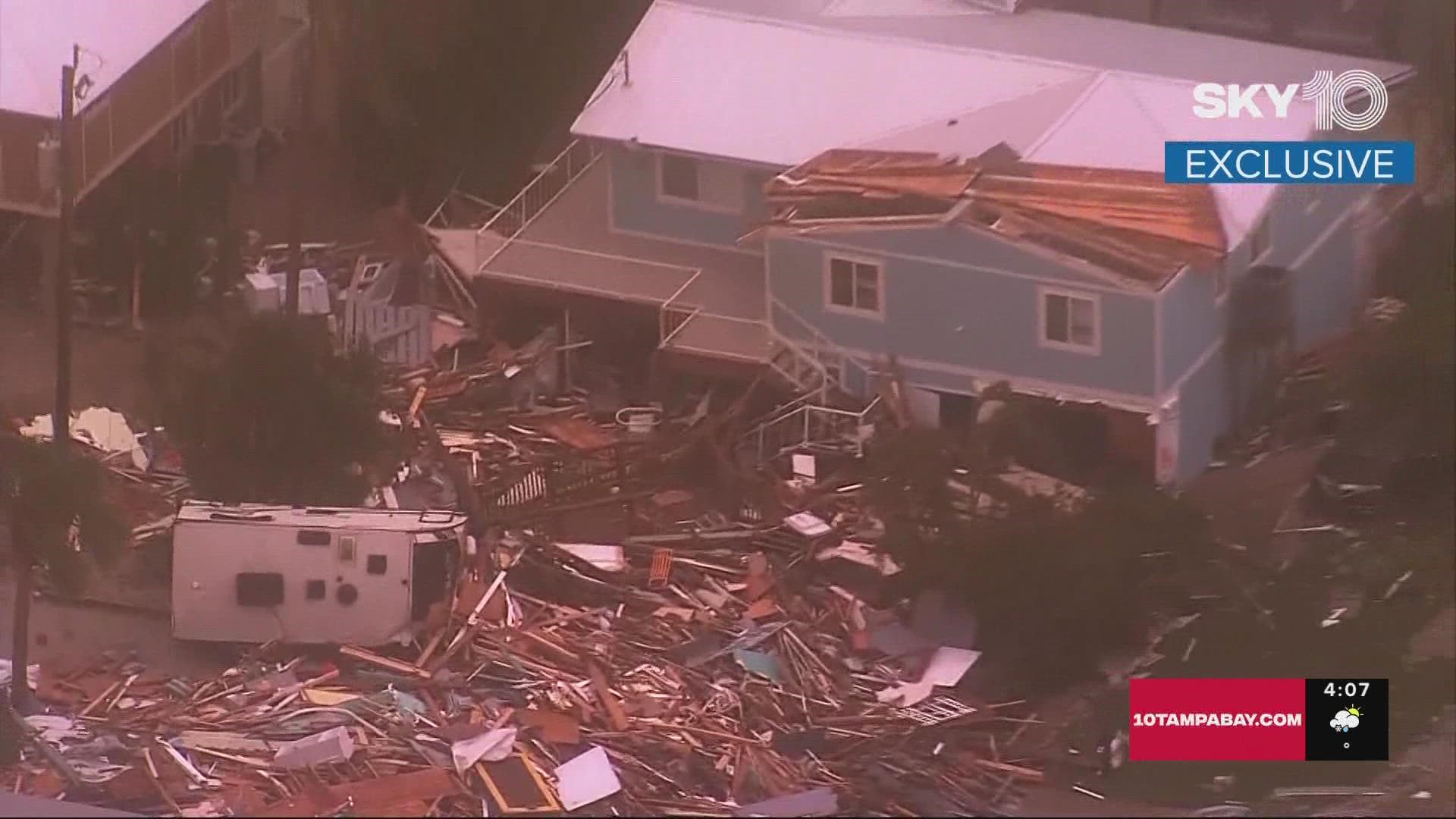 We captured aerial video of southwest Florida where a home is in ruins.