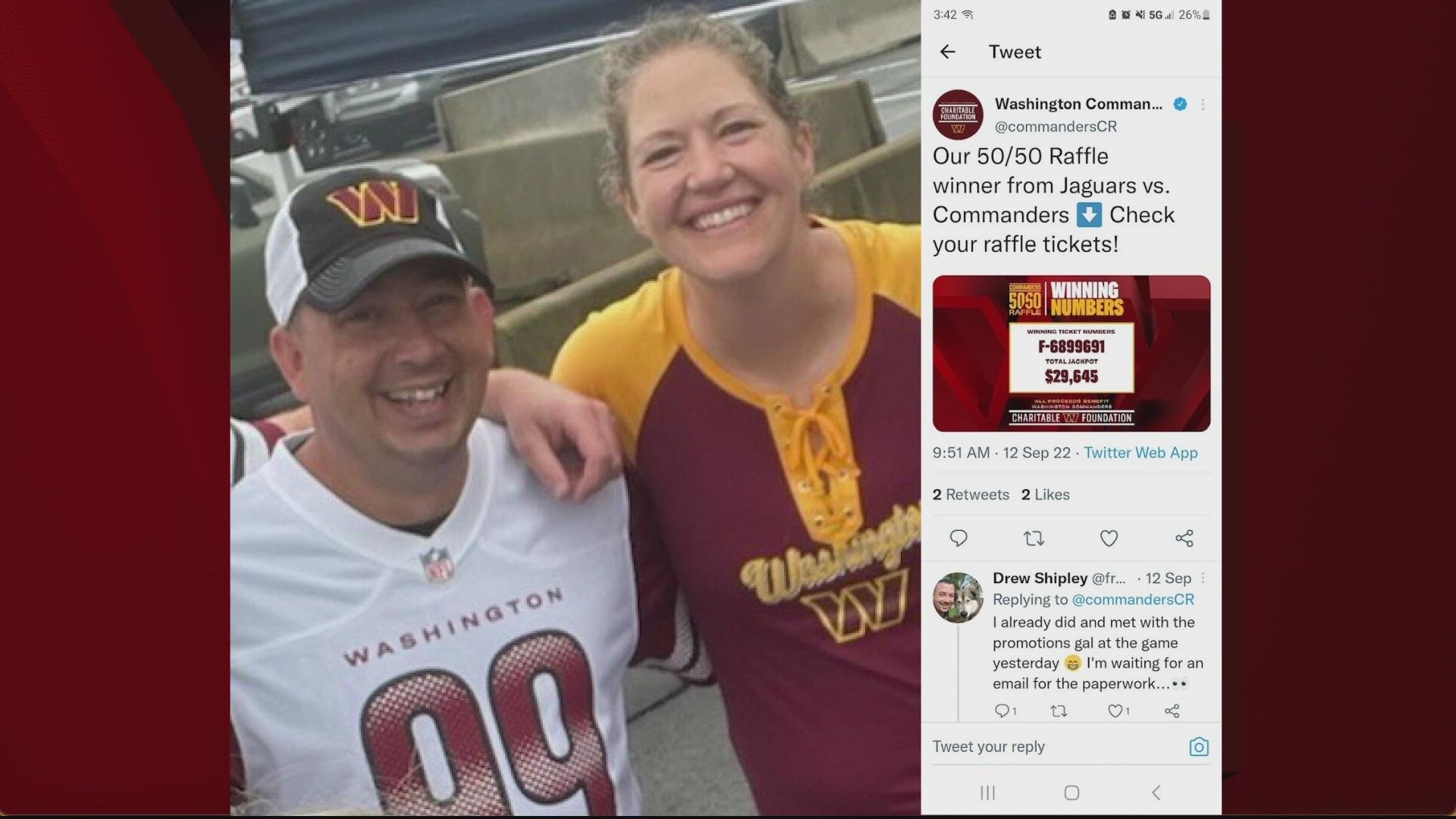 He’s not as much of a fan anymore, after the team’s check bounced when it tried to pay him for winning more than $14,000 in a Fed Ex Field raffle.